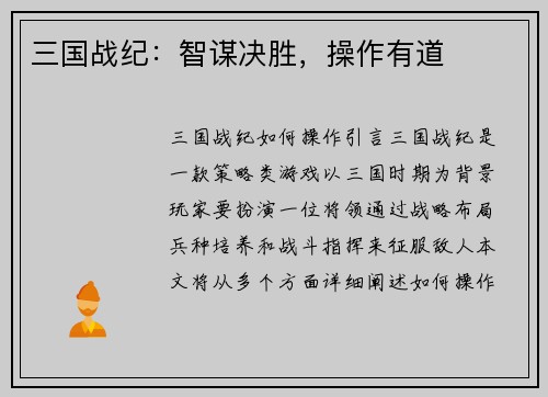 三国战纪：智谋决胜，操作有道